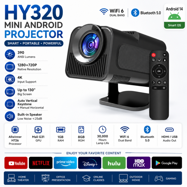 HY320 Mini Smart Android Projector – WiFi, Bluetooth, 4K Supported Home Cinema Projector